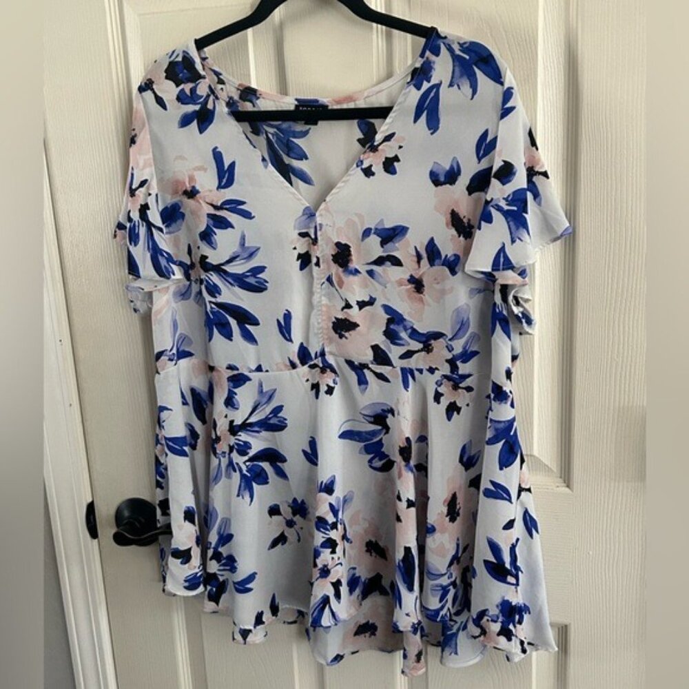 Torrid Floral Pink & Blue Semi-Sheer Peplum Blouse Sz 2X - Picture 12 of 15